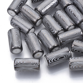 Electroplate Glass Beads, Column with Circle Pattern, Gray, 20x10mm, Hole: 1.2mm, about 50pcs/bag