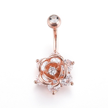 Piercing Jewelry, Brass Cubic Zirciona Navel Ring, Belly Rings, with 304 Stainless Steel Bar, Rose, Rose Gold, 27x14mm, Bar: 15 Gauge(1.5mm), Bar Length: 3/8"(10mm)