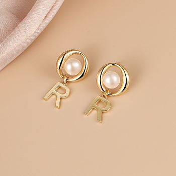 Imitation Pearl Stud Earrings, Brass Initial Letter.R Drop Earrings, Real 18K Gold Plated, 25x13mm