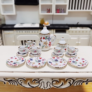 Mini Ceramic Tea Sets, including Teacup, Saucer, Teapot, Cream Pitcher, Sugar Bowl, Miniature Ornaments, Micro Landscape Garden Dollhouse Accessories, Pretending Prop Decorations, Flower Pattern, 15pcs/set