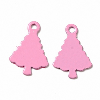 Spray Painted 201 Stainless Steel Charms, Christams Tree Charms, Pink, 14x9.5x1mm, Hole: 1.2mm