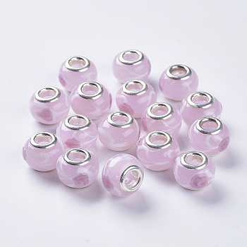 Handmade Lampwork European Beads, Large Hole Beads, with Silver Color Plated Brass Double Cores, Inner Flower Lampwork, Rondelle, Plum, 14x11mm, Hole: 5mm