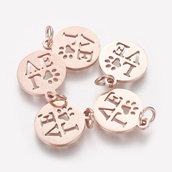 304 Stainless Steel Pendants, Flat Round with Word Love, Rose Gold, 14x12x1mm, Hole: 3mm