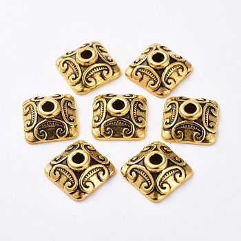 Antique Golden Tone Square Tibetan Style Bead Caps, Lead Free, Cadmium Free and Nickel Free, Size: about 10mm wide, 10mm long, 5mm thick, 8mm inner diameter, hole: 2mm