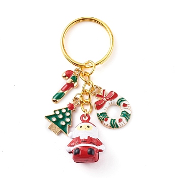 Baking Painted Brass Bell Father Christmas Keychain for Christmas, with Iron Split Key Rings and Alloy Enamel Pendants, Colorful, Golden, 7.5cm