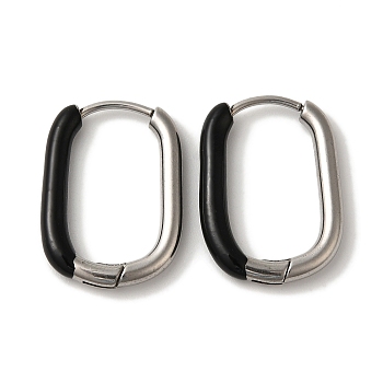 304 Stainless Steel & Enamel Hoop Earrings for Women, Rectangle, Stainless Steel Color, Black, 20.5x16x3mm