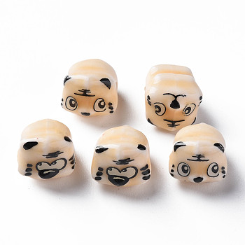 Handmade Porcelain Beads, Famille Rose Style, Tiger, Blanched Almond, about 12x10.5x11mm, Hole: 1.8mm