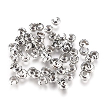 Brass Crimp Beads Covers, Platinum, 4x3.5x2.5mm, Hole: 1mm, about 100pcs/bag