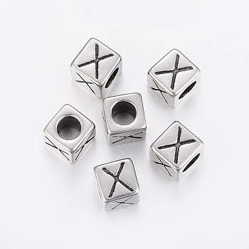 304 Stainless Steel Large Hole Letter European Beads, Cube with Letter.X, Antique Silver, 8x8x8mm, Hole: 5mm