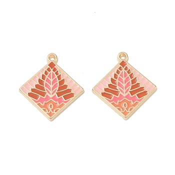 Rack Plating Alloy Enamel Pendants, Rhombus with Leaf Charm, Cadmium Free & Nickel Free & Lead Free, Pink, 28x25x2mm, Hole: 1.5mm