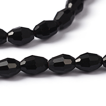 Glass Beads Strands, Faceted, Oval, Black, 6x4mm, Hole: 1mm, about 65~70pcs/strand, 14.96 inch~15.16 inch(38~38.5cm)