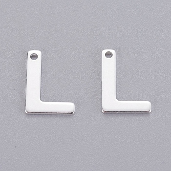 201 Stainless Steel Charms, Letter, Silver Color Plated, Letter.L, 11x7.5x0.7mm, Hole: 1mm