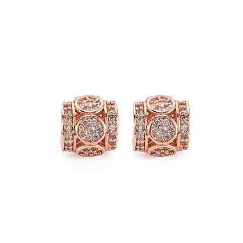 Brass Micro Pave Clear Cubic Zirconia European Beads, Barrel, Rose Gold, 8x8mm, Hole: 4mm