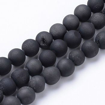 Electroplated Natural Druzy Geode Agate Bead Strands, Matte Style, Round, Black Plated, 8~9mm, Hole: 1mm, about 46pcs/strand, 15.3 inch