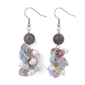 Natural Mixed Stone Dangle Earrings, with Natural Pearls and 316 Surgical Stainless Steel Earring Hooks, Cardboard Jewelry Boxes, 59~61mm, Pin: 0.6mm