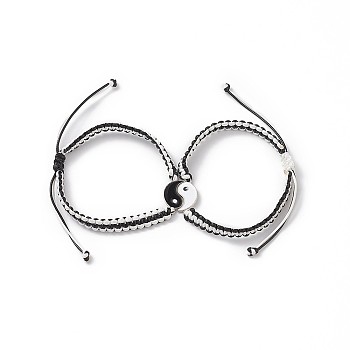 2Pcs 2 Color Alloy Enamel Yin Yang Matching Pendant Necklaces Set, Braided Adjustable Couple Necklaces for Best Friends Lovers, Black, Inner Diameter: 2-1/4~3-1/2 inch(5.6~8.9cm), 1Pc/color