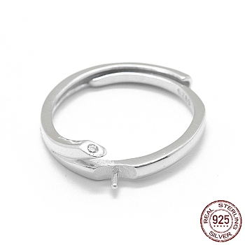Adjustable Rhodium Plated 925 Sterling Silver Finger Ring Components, For Half Drilled Beads, with Cubic Zirconia, Clear, Platinum, Size 6, 16mm, Pin: 0.85mm