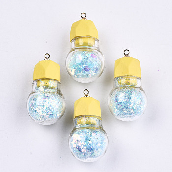 Opaque Resin Pendants, with Glitter Powder and Glass and Light Gold Brass Cup Pearl Peg Bails Pin Pendants, Bulb, Yellow, 29.6x16mm, Hole: 1.5mm