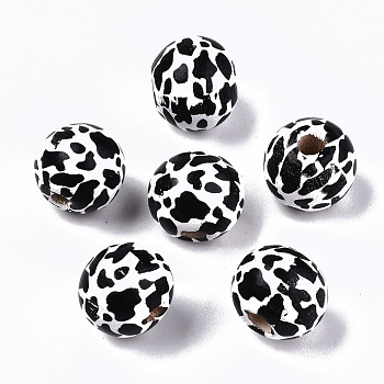 Printed Natural Wooden Beads, Round with Cow Pattern, Black, 10x9mm, Hole: 2.5mm