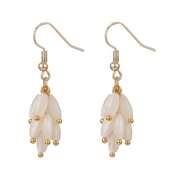 Natural Shell Beads Cluster Dangle Earrings, Golden Brass Jewelry for Women, White, 43mm, Pin: 0.6mm