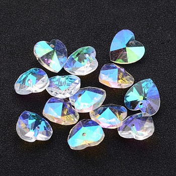 Valentine's Day Glass Pendants, Heart, For Bracelet Making, Faceted, Clear AB, AB Color Plated, 14mmx7~8mm, hole: 1mm