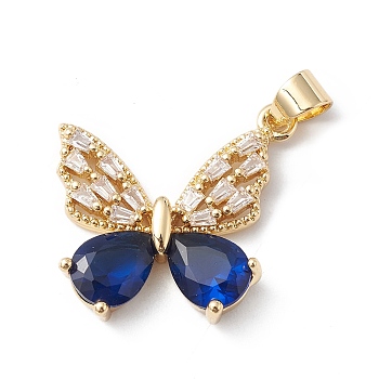 Rack Plating Brass Micro Pave Clear Cubic Zirconia Pendants, with Glass, Lead Free & Cadmium Free, Long-Lasting Plated, Real 18K Gold Plated, Butterfly Charm, Blue, 24x22x4mm, Hole: 5x3mm