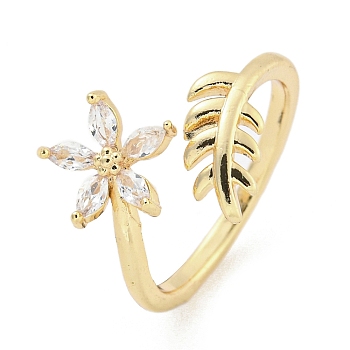 Brass Micro Pave Cubic Zirconia Cuff Rings, Flower & Leaf Open Rings for Women, Long-Lasting Plated, Golden, Adjustable