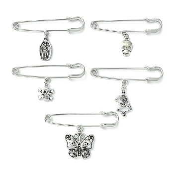 Iron Brooches, Alloy Pendant Kilt Pins, Halloween Theme, Skull/Coffin/Butterfly, Antique Silver & Platinum, 30~41mm