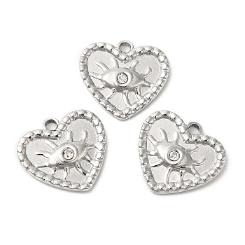 304 Stainless Steel Pendants, with Crystal Rhinestone, Heart with Eye Charms, Stainless Steel Color, 15.5x14.5x2.5mm, Hole: 1.6mm