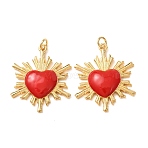 Brass Pendants, with Red Enamel, Sacred Heart with Sunburst Charms, Rack Plating, Long-Lasting Plated, Lead Free & Cadmium Free, Real 18K Gold Plated, 30.5x25x4mm, Hole: 3mm(KK-CBA2F11-13C-G)
