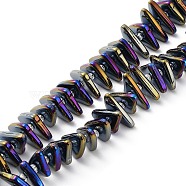 Electroplate Transparent Glass Beads Strands, Rainbow Plated, Triangle, Black, 9x15.5~16mm, Hole: 1mm, about 120pcs/strand, 24.57~25.67''(62.4~65.2cm)(EGLA-R114-01F)