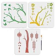 US 1 Set Chinese Style PET Hollow Out Drawing Painting Stencils, for DIY Scrapbook, Photo Album, with 1Pc Art Paint Brushes, Tree, 300x300mm, 3pcs/set(DIY-MA0002-20)