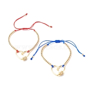 Adjustable Nylon Thread Braided Bead Bracelets Sets, with Brass Micro Pave Clear Cubic Zirconia Screw Carabiner Lock and Beads, Heart, Blue, Inner Diameter: 2-1/4~3-5/8 inch(5.6~9.2cm), 2pcs/set(BJEW-JB06438-02)