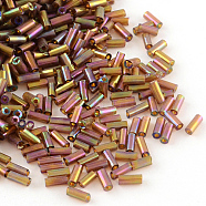 AB Color Plated Glass Bugle Beads, Transparent Colours Rainbow, Indian Red, 6x2mm, Hole: 1mm, about 450g/bag, about 10000pcs/bag(SEED-R012-162C)