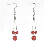 Natural Carnelian Dangle Earrings, with 304 Stainless Steel Earring Hooks and Iron Eye Pins, Round, 77~78mm, Pendant: 57~58mm, Pin: 0.6mm(EJEW-JE02813-02)