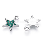 Platinum Plated Alloy Charms, with Rhinestones, Cadmium Free & Lead Free, Star, Emerald, 14.5x12x2.5mm, Hole: 1.8mm(PALLOY-T073-06P-01-RS)