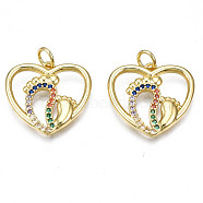 Brass Micro Pave Colorful Cubic Zirconia Pendants, Nickel Free, Heart, Real 18K Gold Plated, 18x19.5x2mm, Jump Ring: 5x1mm, 3mm(ZIRC-N039-191-NF)