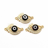 Rack Plating Real 18K Gold Plated Brass Micro Pave Clear Cubic Zirconia Connector Charms, Eye Links with Handmade Lampwork, Cadmium Free & Lead Free, Long-Lasting, Black, 15x26x4.5mm, Hole: 1.4mm(ZIRC-L102-08G-05)