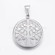 304 Stainless Steel Pendants, with Glitting Cloth, Tree of Life, WhiteSmoke, Stainless Steel Color, 34x30x4mm, Hole:10x4mm(STAS-H361-04B)