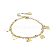 304 Stainless Steel Double Chains Multi-strand Bracelets, Heart & Crown & Map 201 Stainless Steel Charm Bracelet for Women, Golden, 7-1/4 inch(18.5cm)(BJEW-C019-05G)