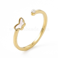 Ion Plating(IP) 304 Stainless Steel Butterfly Shell Cuff Ring for Women, ABS Plastic Imitation Pearl Open Rings, Real 14K Gold Plated, 1.5mm, Inner Diameter: US Size 7 3/4(17.9mm)(RJEW-C060-08G)