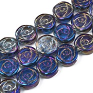 Electroplate Glass Beads Strand, AB Color, Flat Round with Rose Flower, Dark Blue, 10x4mm, Hole: 0.9mm, about 65~66pcs/strand, 24.80 inch~ 25.20 inch(63~64cm)(EGLA-S188-19-B01)