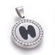 304 Stainless Steel Enamel Pendants, with Cubic Zirconia, Flat Round with Letter, Stainless Steel Color, Clear, Letter.H, 29x25x3mm, Hole: 5.5x8.5mm(STAS-E439-90H-P)