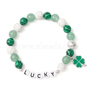 Natural & Synthetic Mixed Gemstone Beaded Stretch Bracelets, Acrylic Word Lucky Bracelet with Alloy Enamel Clover Charms for Saint Patrick's Day, Green, Inner Diameter: 2-1/8 inch(5.5cm)(BJEW-TA00301)