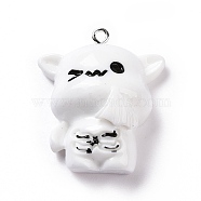 Opaque Resin Pendants, Cat Charms, with Platinum Tone Iron Loops, White, 32.5x28x13mm, Hole: 2mm(RESI-D063-01B)