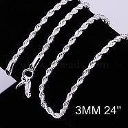 Brass Rope Chain Necklaces, with Lobster Claw Clasps, Silver Color Plated, 24 inch, 3mm(NJEW-BB10880-24)