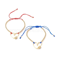 Adjustable Nylon Thread Braided Bead Bracelets Sets, with Brass Micro Pave Clear Cubic Zirconia Screw Carabiner Lock and Beads, Heart, Blue, Inner Diameter: 2-1/4~3-5/8 inch(5.6~9.2cm), 2pcs/set(BJEW-JB06438-02)
