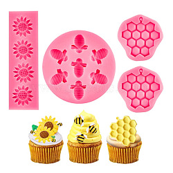 Honeycomb & Bees & Sunflower DIY Food Grade Silicone Molds, Fondant Molds, Resin Casting Molds, for Chocolate, Candy, UV Resin & Epoxy Resin Craft Making, Hot Pink, 4pcs/set(WG70605-01)