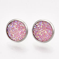201 Stainless Steel Stud Earrings, with Resin and Ear Nuts, Flat Round, Stainless Steel Color, Hot Pink, 14mm, Pin: 0.8mm(EJEW-T005-JN114-4)