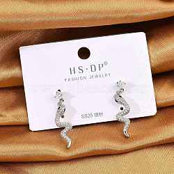 Brass Micro Pave Clear Cubic Zirconia Stud Earrings, with 925 Sterling Silver Pins, Snake, Platinum, 28.5x7mm(EJEW-P301-14P)